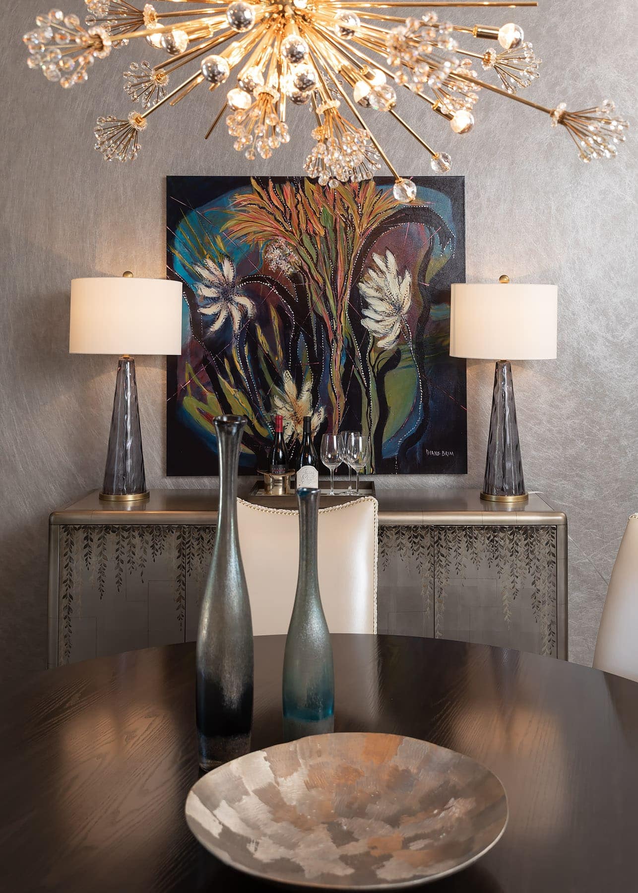 Beautiful Chandelier, original artwork, buffet table
