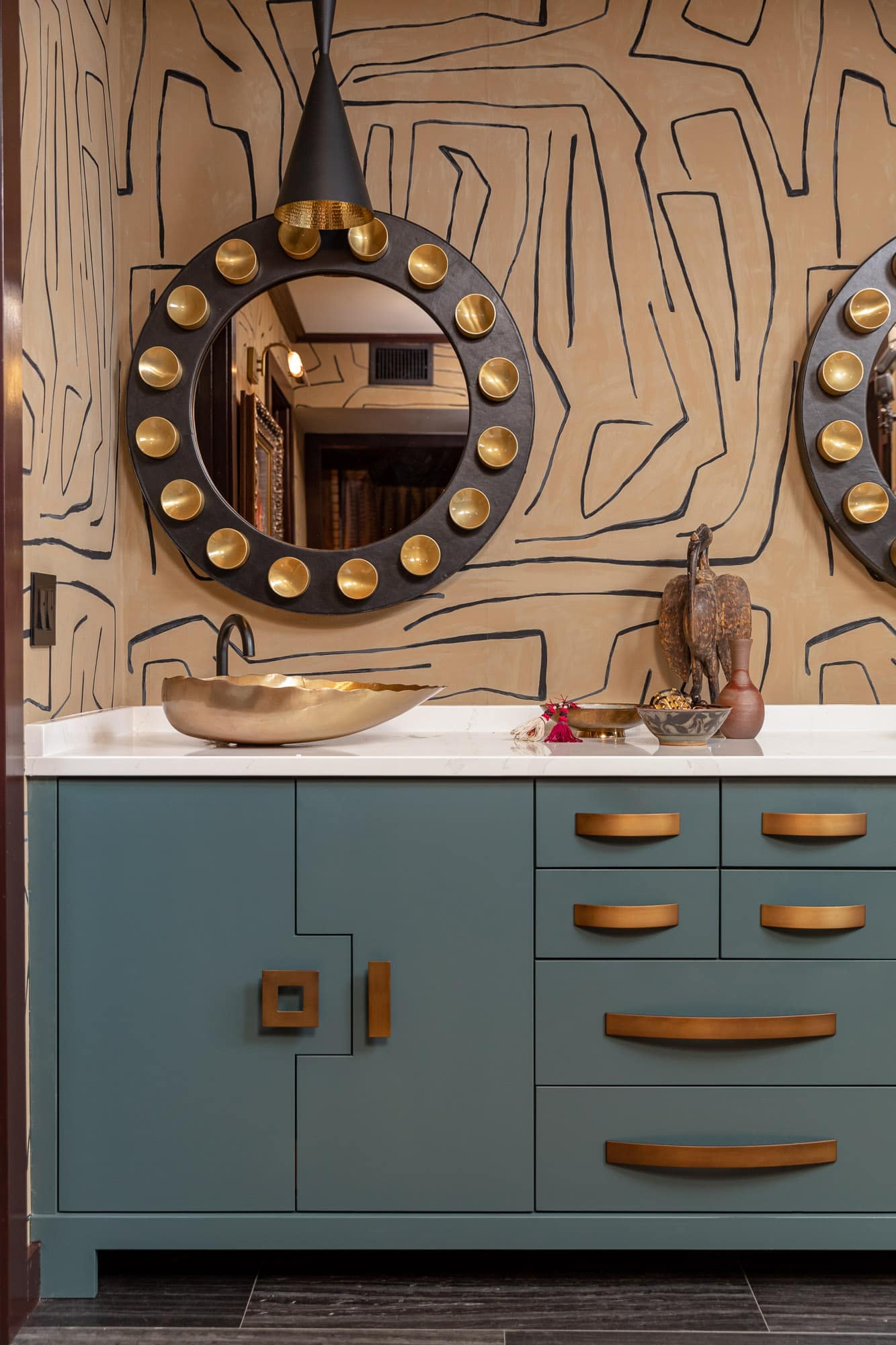 Modern mirror, beautiful Vessel sink, powder blue vanity