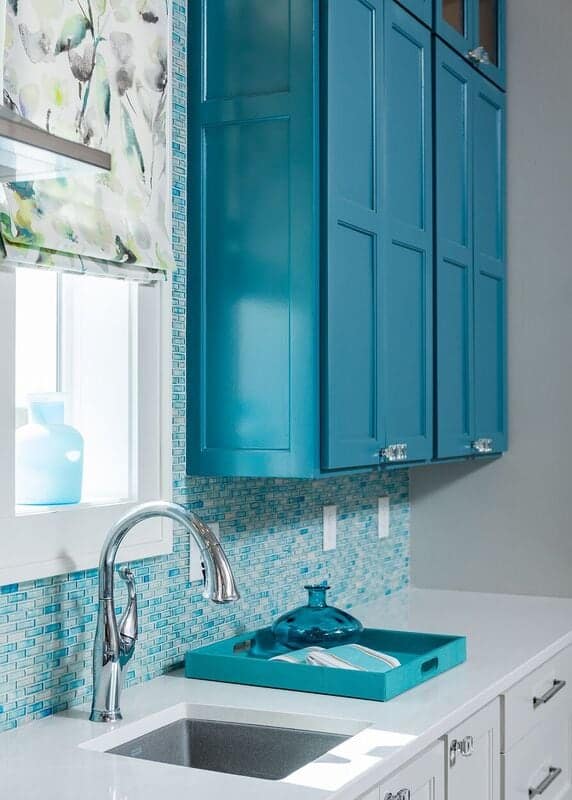 Townhouse duplex new construction in coastal community: blue and white, tile back splash