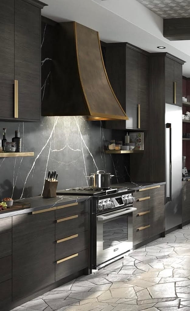 stone flooring, dark wood cabinets, black and white kitchen backsplash, natural materials, nature