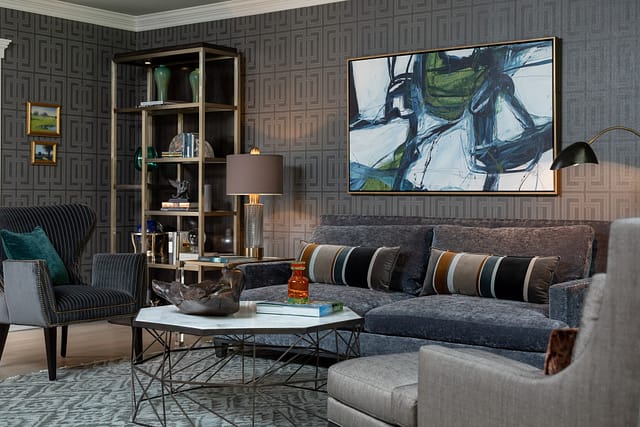 Colonial Living Room Makeover, New Jersey - Grasscloth wallpaper, teal curtains, velvet sofa, original art and dark furniture