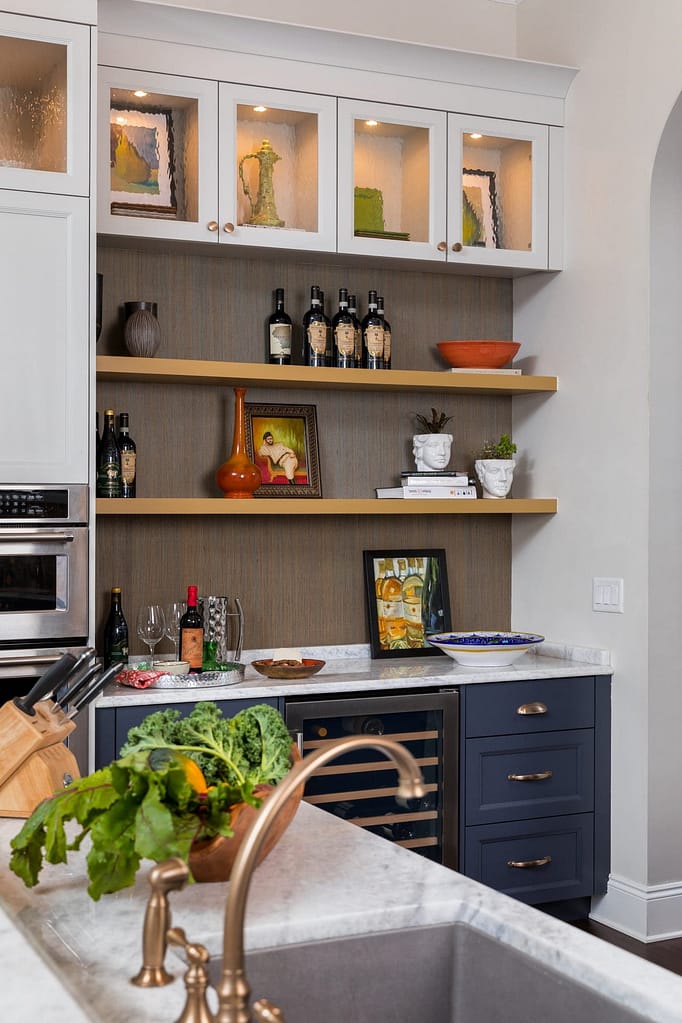 grasscloth behind floating shelves