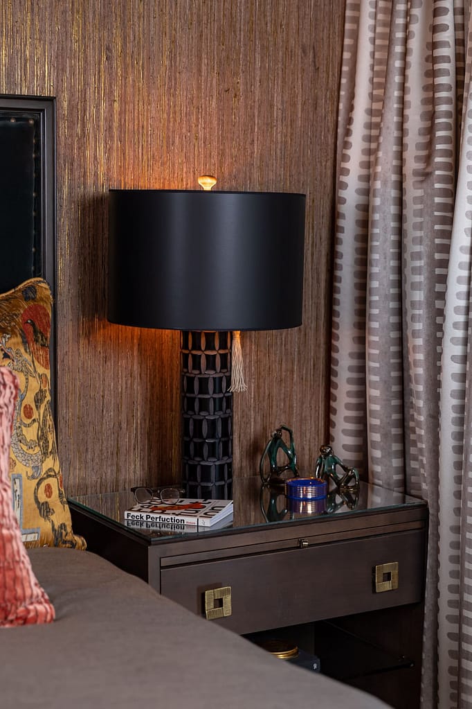 Master Bedroom Suite, Velvet Headboard, Velvet Pillow, Master Bedroom Ideas, Moody Bedroom, Sexy Bedroom , Black Lamp, Brown Wooden Nightstand with brass hardware