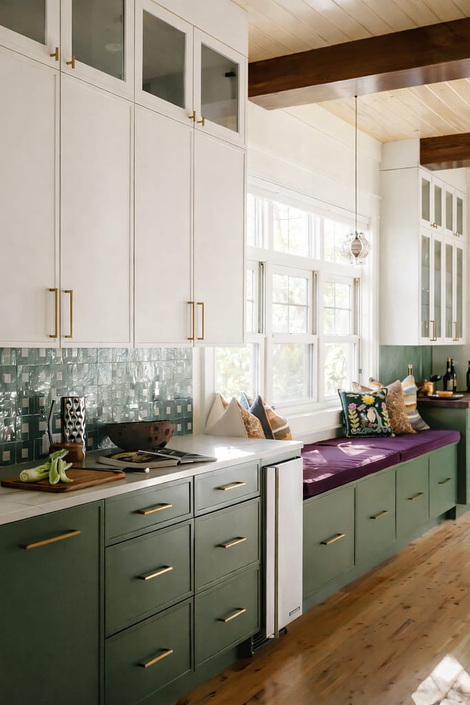 Green kitchen cabinets with a green stacked-tile backsplash, white upper cabinets and a window above the counter
