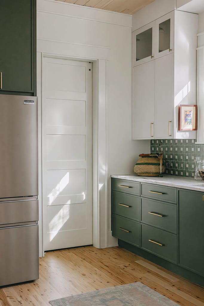 Tall white pantry cabinetry beside a stainless steel refrigerator, with green lower cabinets and tile backsplash