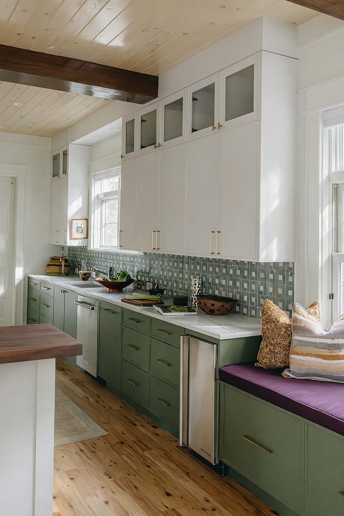 Green kitchen cabinets and tile backsplash with a built-in window seat and cushions under a bright window