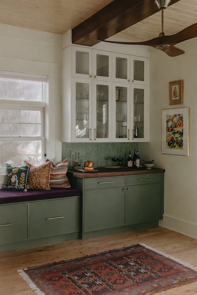 Glass-front white upper cabinets above a green tile backsplash, with a wood counter and cushioned window seat