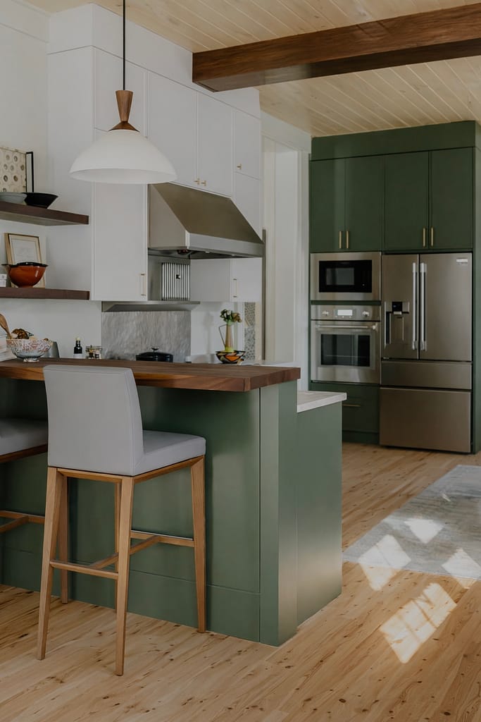 Kitchen island with white counter stools, dark green cabinets and a stainless steel wall oven and microwave