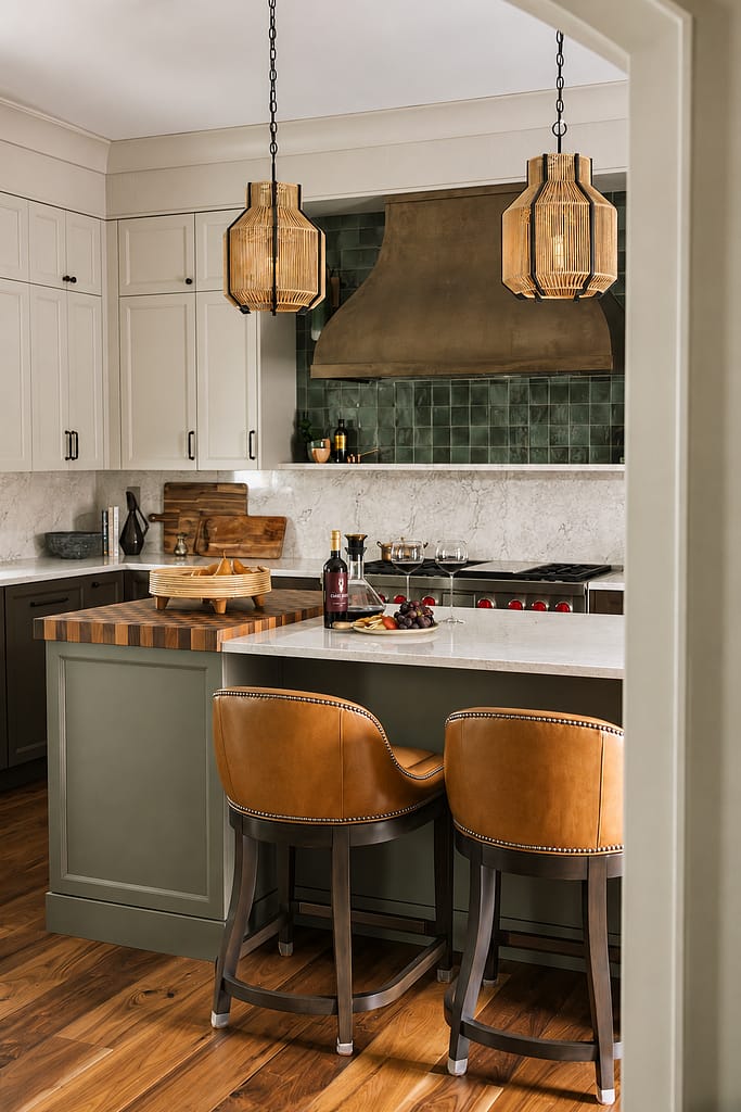kitchen with woven pendants brass hood