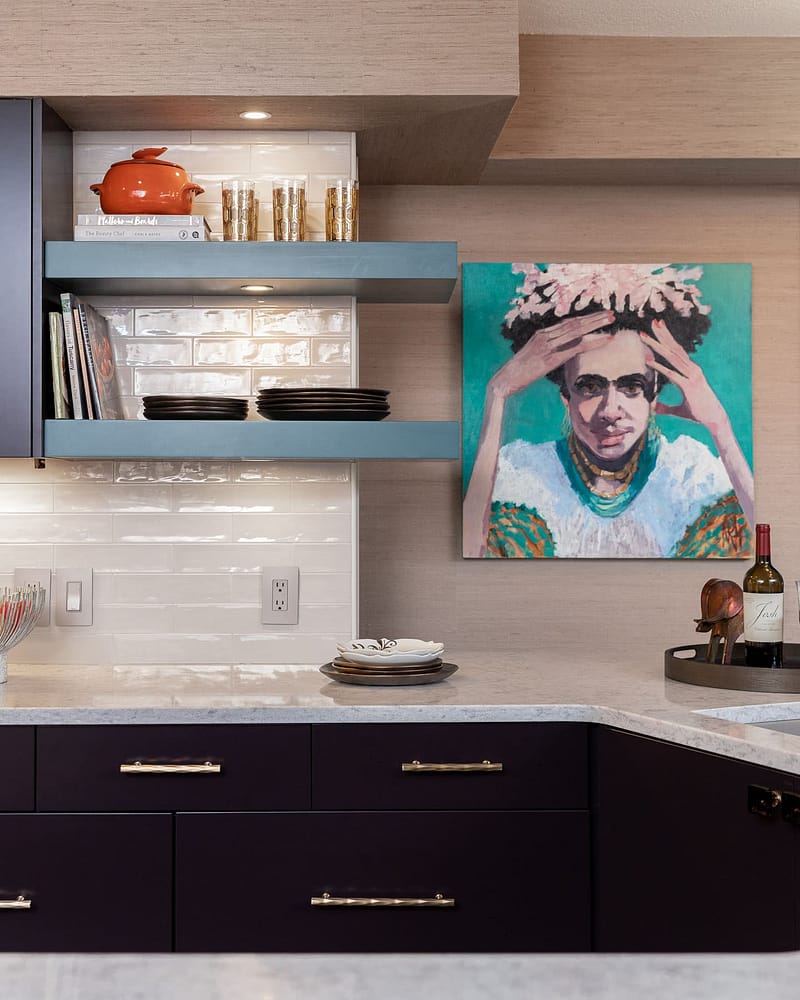 kitchen remodel pensacola beach florida, purple base cabinets, blue floating shelves, white tile backsplash, nancy rhodes harper art