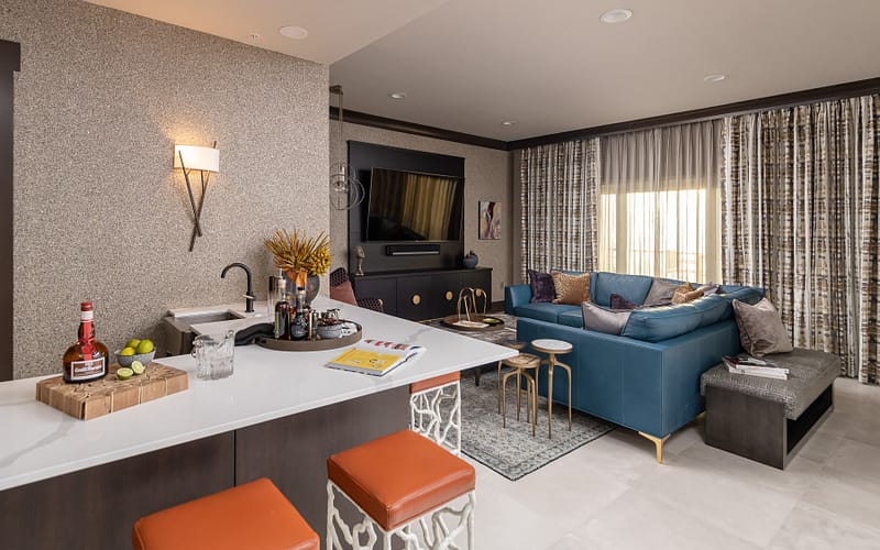BARSTOOLS, BLUE LEATHER SOFA, MODERN SCONCE