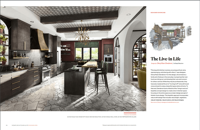 green kitchen, biophilia, modern design, moody, stone flooring, dark brown cabinets