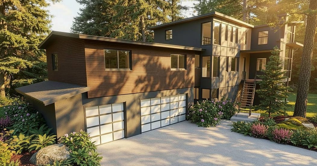 3D exterior rendering of a modern two-storey home with a two-car garage among evergreen trees