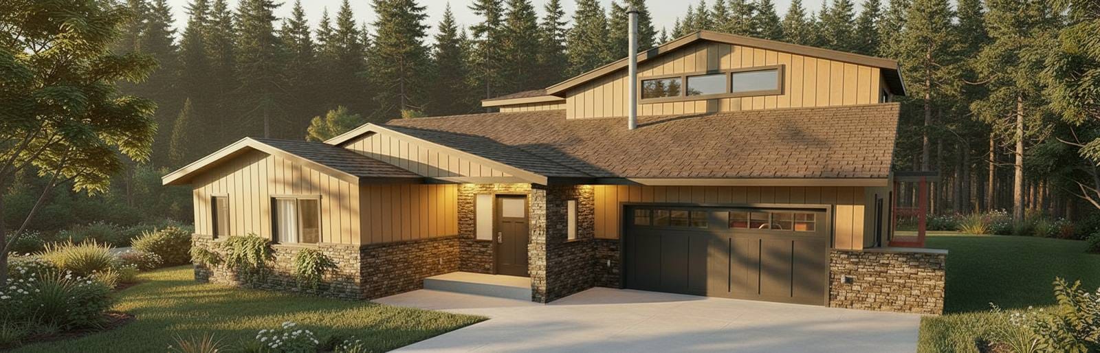 3D exterior rendering of a custom home front elevation with a stone base, board-and-batten siding and attached garage