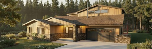 3D exterior rendering of a custom home front elevation with a stone base, board-and-batten siding and attached garage