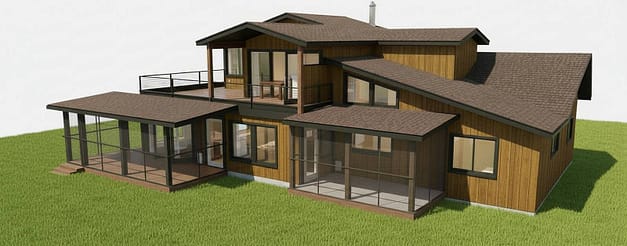 3D rendering of a custom home rear elevation with a screened porch and upper deck
