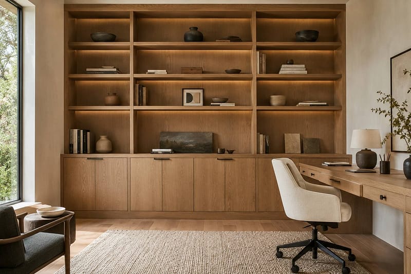 Home office workspace with wood cabinetry and desk, home office built-ins Kitsap County WA