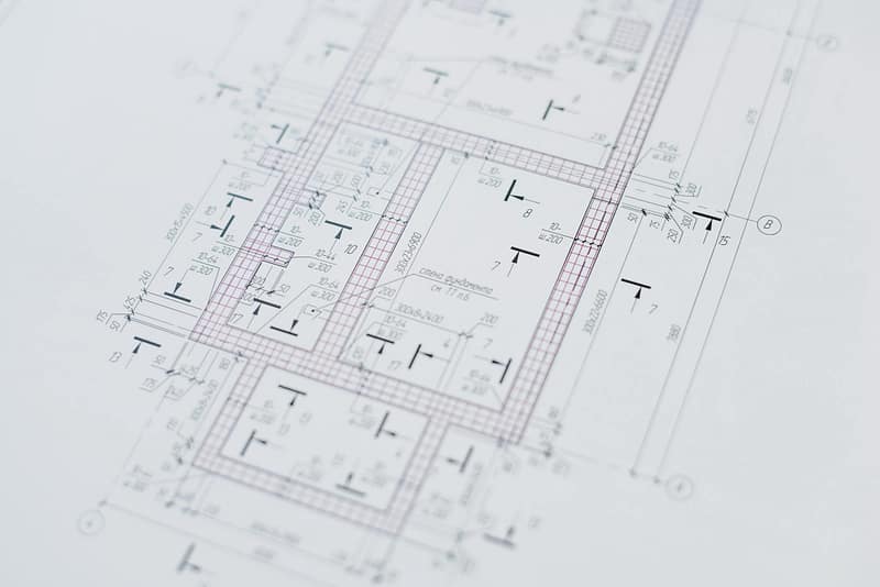 Close-up of an architectural floor plan from Bluefoot Architecture and Design in Poulsbo WA