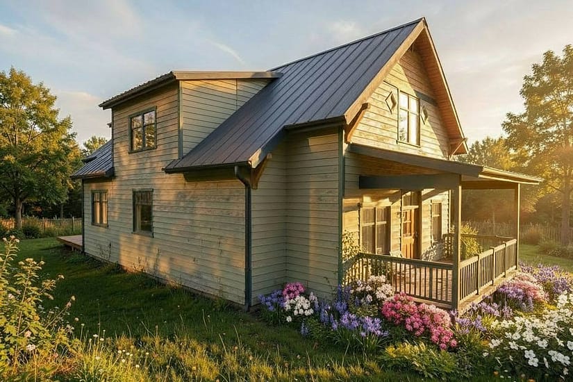 3D exterior rendering of a farmhouse-style home with a standing-seam metal roof and covered porch